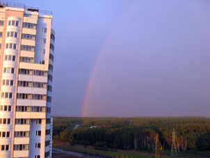 Vista desde mi ventana. Arco iris y bosque cercano.