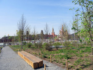 Todavía el bosque no cubre la vista hacia el Kremlin, algunas torres del cual estaban en restauración.