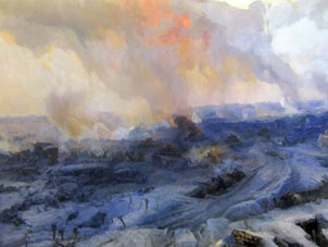 El panorama de la Batalla de Estalingrado ilustra combate por Mamáyev Kurgán, altura dominante de la ciudad de Volgogrado y sus cercanías.